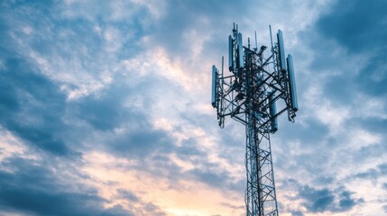 Towering Through the Clouds, Low Angle, Cell Tower, Sunset, Blue Sky, Communication, Antenna