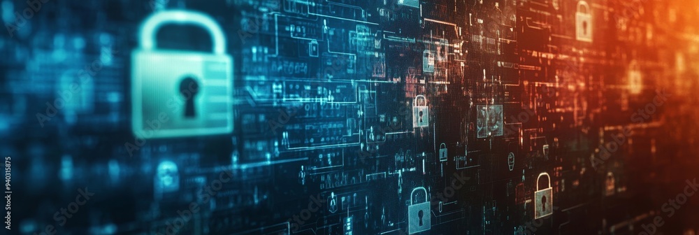 Poster a digital illustration depicting a network of interconnected security locks, symbolizing the concept
