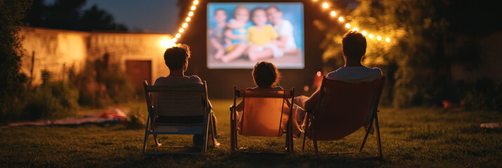 A family enjoys a movie night under the stars, sitting in lawn chairs on a grassy lawn. The screen is lit up with a film, creating a warm and inviting atmosphere. The scene symbolizes family bonding, 