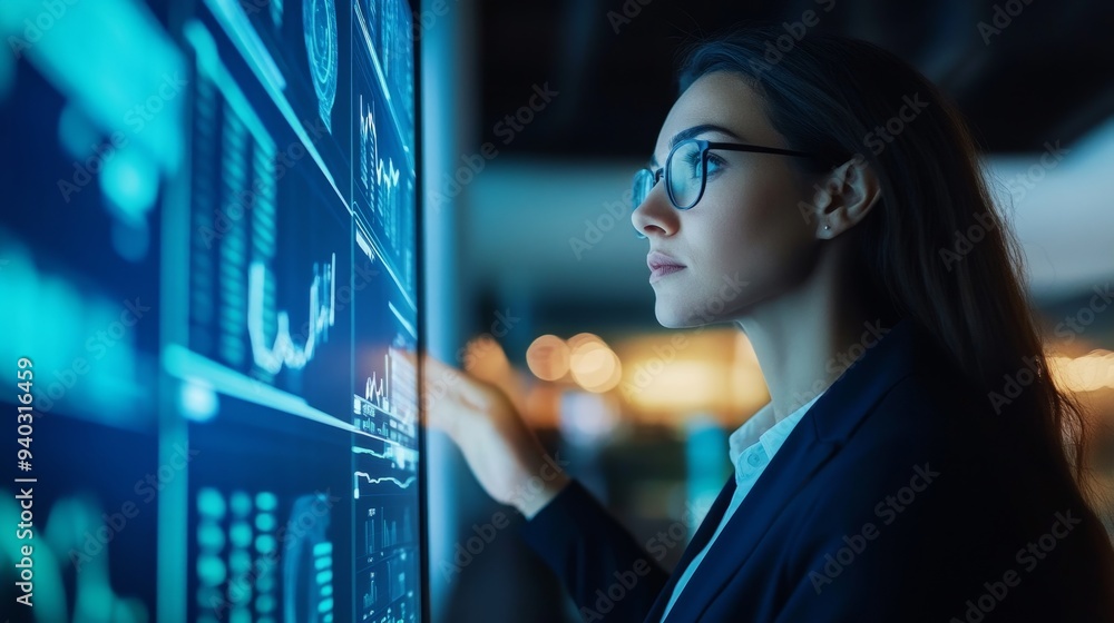 Poster a female management consultant is analyzing market data on a digital screen. she is focused and atte