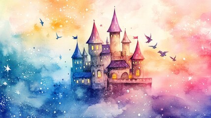 Watercolor Castle in the Night Sky, Watercolor Painting, Castle Art, Fantasy, Stars