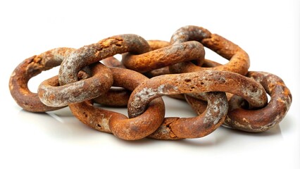 Fototapeta premium A solitary, rusty metal chain lies coiled in a stark, white background, its worn links and corroded surface evoking a sense of abandonment and decay.