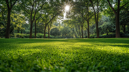 Green lawn and trees background with copyspace. Nature background concept. Generative AI