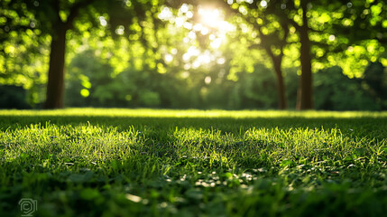 Naklejka premium Green lawn and trees background with copyspace. Nature background concept. Generative AI