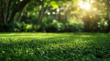 Naklejka premium Green lawn and trees background with copyspace. Nature background concept. Generative AI