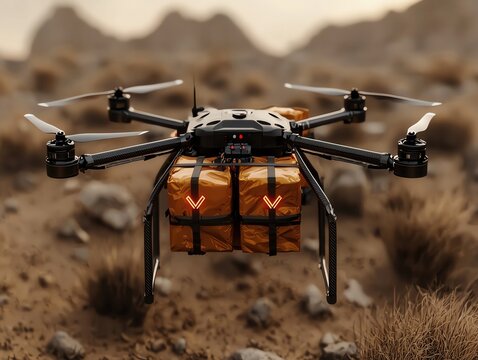 Autonomous Drone Rescue Mission A drone carrying out a rescue mission in a remote area delivering vital supplies and communication equipment.