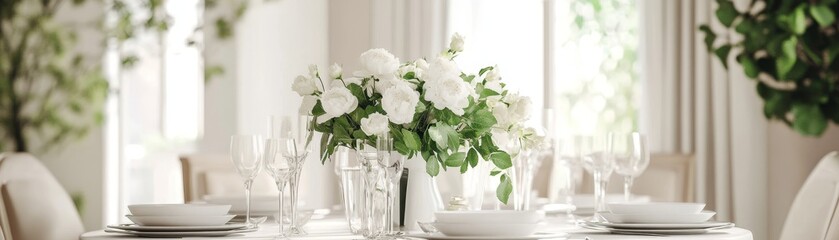 White Roses on a Table, White Table Setting, Bouquet of Flowers, Floral Table Decor, White, Flowers, Table