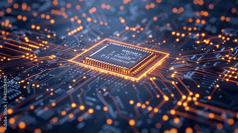 Poster detailed electronic circuit board featuring processor and blockchain technology elements, illustrati
