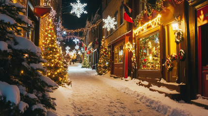 A snow-covered, festive street adorned with Christmas lights and decorations, showcasing a charming holiday ambiance.