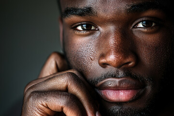 A close-up portrait of a contemplative person, capturing their rich skin texture and thoughtful expression in stunning detail.