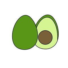 Two green avocados with one of them cut in half