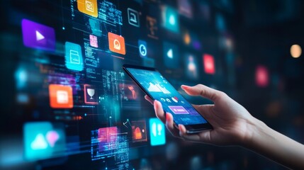 A hand holds a smartphone displaying a low-code app development platform, showcasing the ease and speed of creating custom applications without extensive coding. Numerous app icons represent the diver