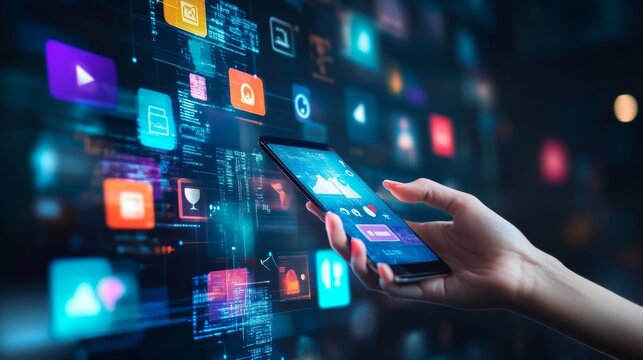 A hand holds a smartphone displaying a low-code app development platform, showcasing the ease and speed of creating custom applications without extensive coding. Numerous app icons represent the diver