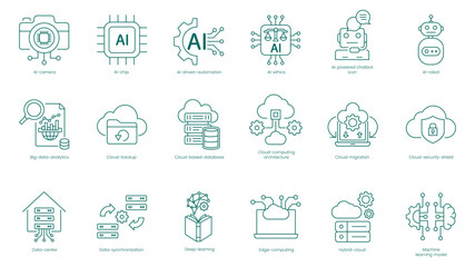Comprehensive AI and Cloud Computing Vector Icons Set: AI Assistant, Brain, Camera, Chip, Automation, AI Ethics, Chatbot, AI Robot, Computing, Quantum vector icon set