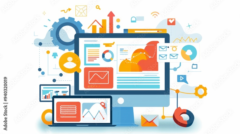 Poster modern website design and digital marketing concept with search engine optimization elements on a bl