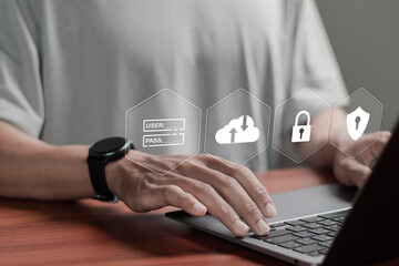 Secure access to data on cloud. Person use laptop with cloud computing technology that provides...