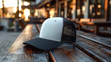 mock up of trucker hat in store, displayed on mannequin, store background with accessories rack
