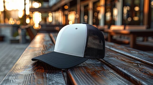 mock up of trucker hat in store, displayed on mannequin, store background with accessories rack