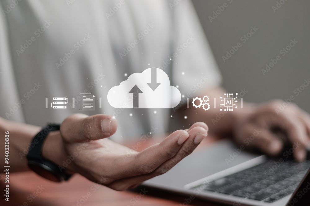 Poster cloud technology concept. person use laptop with cloud storage network technology, large network of 