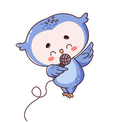 Voice of kawaii bird creates melody flat color vector illustration. Melodious voice of kawaii owl fills air with joy icon on white background