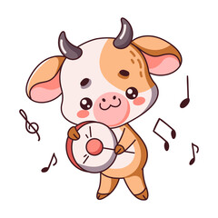 Endearing cow playing hand drum flat color vector image. Cute Kawaii calf contributes to music performance concert on white background