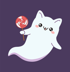 Kitty ghost holding lollipop flat color vector illustration. Adorable flying spirit with candy Halloween character icon on purple background