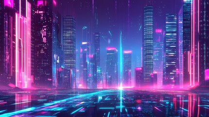 A mesmerizing cityscape of towering skyscrapers with holographic displays, radiating vibrant neon lights, showcasing a blend of technology and urban architecture.