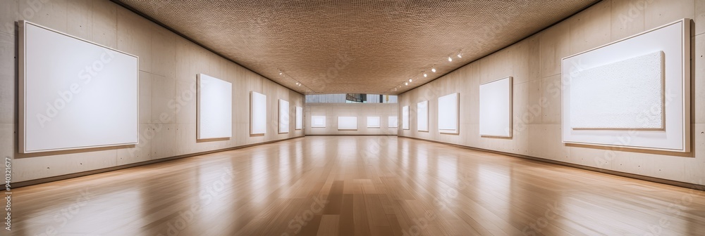 Poster a minimalist modern art gallery with evenly spaced blank canvases on the walls. the space is flooded