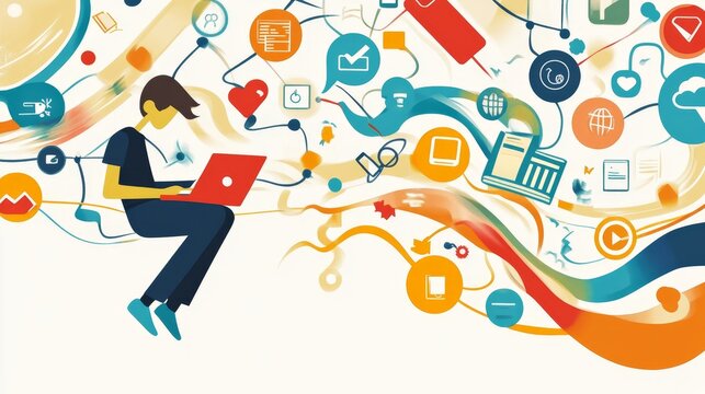 A person using a laptop, surrounded by colorful icons and lines, representing various digital tools and concepts. This symbolizes the importance of digital literacy for navigating the modern world, co
