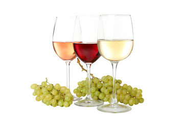 PNG wine glass with grapes isolated on white background.