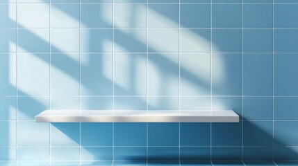 
White shelf on blue tile wall with shadow from window. Realistic 3d vector illustration of bathroom or kitchen interior with product podium. Display platform or showcase pedestal with ceramic plate,B