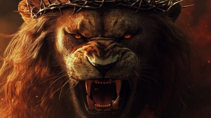 Naklejka premium A powerful and majestic lion with a crown of thorns roars ferociously, symbolizing strength, leadership, and sacrifice. The intense gaze and open mouth showcase raw power and unwavering determination