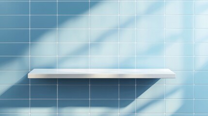  White shelf on blue tile wall with shadow from window. Realistic 3d vector illustration of bathroom or kitchen interior with product podium. Display platform or showcase pedestal with ceramic plate,B