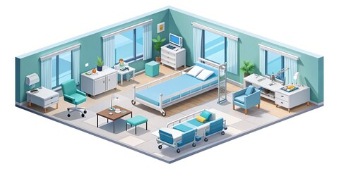 A sterile hospital room filled with modern medical equipment, beds, and furniture is depicted in a clean and organized isometric illustration.