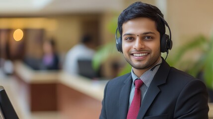 A professional Indian customer service representative wearing a headset and a suit, smiling warmly and confidently, conveys professionalism, approachability, and dedication to providing excellent cust