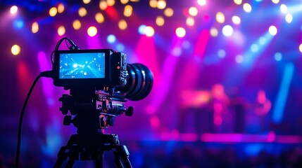 A professional camera is set up on stage, capturing the energy of a live concert with vibrant lighting and a blurred background of the performance.  The image symbolizes live event production, music i