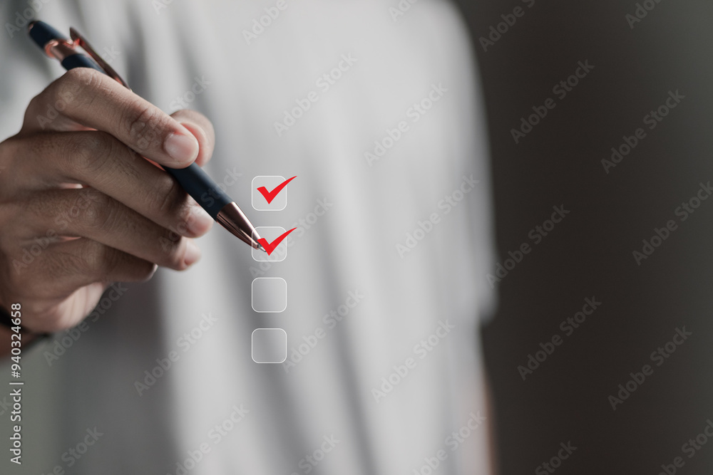 Aufkleber checklist concept, person using pen checking mark on checkboxes