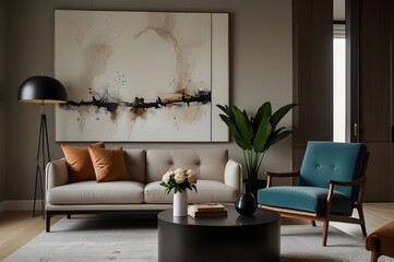 Minimalist, japandi interior design of modern living room with accent armchair.