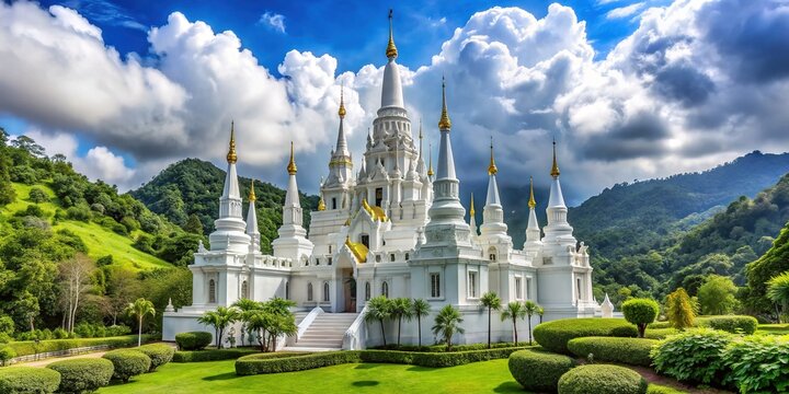 A stately temple rises above a lush green landscape, its gleaming white spires and intricate stonework reflecting the faith's values of community and spiritual growth.