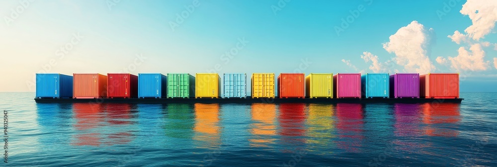 Poster a row of vibrant shipping containers float on a tranquil ocean, symbolizing global trade, internatio