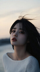 Fototapeta premium Melancholy Beauty by the Seaside: An 8K Portrait