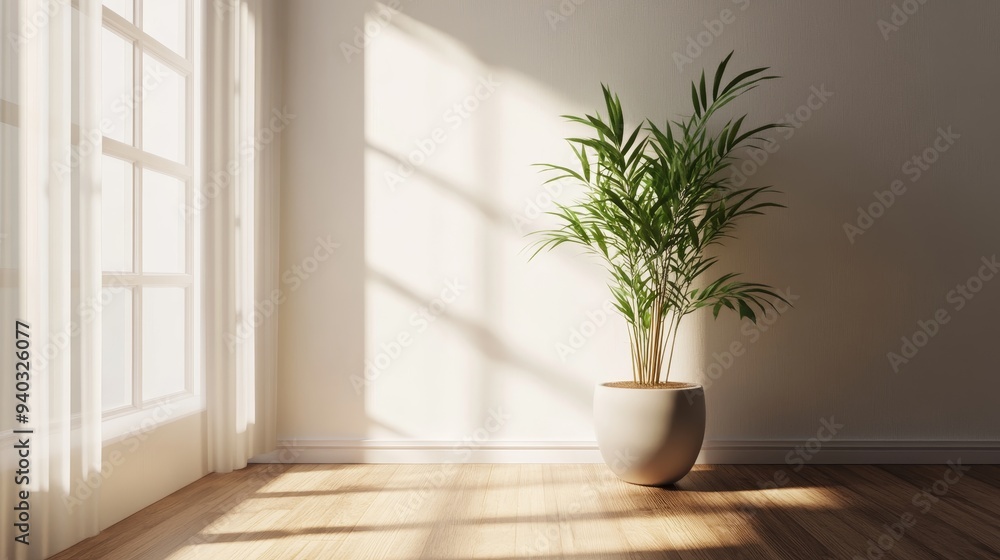 Poster a serene and minimalist living room with soft natural light filtering through a window. a potted pla