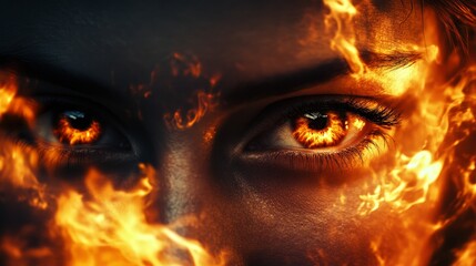 Naklejka premium Fiery eyes burning with intensity, double exposure, flames overlapping in the background, deep contrast, dark moody tones, surrealism, sharp focus, high detail