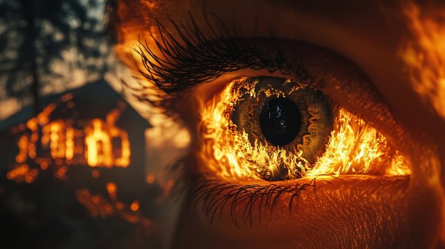 Two eyes filled with reflection of a fiery blaze, orange and yellow flames engulfing a house at night, smoke rising, intense and dramatic visual