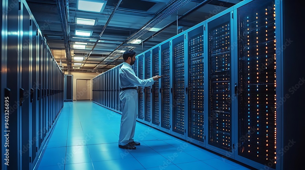 Poster server room technician checking data center infrastructure - realistic image