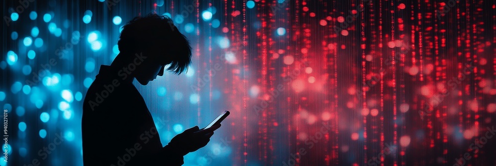 Poster a silhouette of a person using a smartphone in a futuristic city. the person is standing in front of