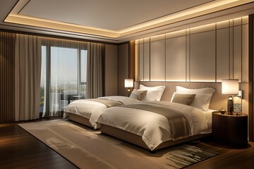 Hotel bedroom interior with two beds