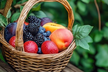 A Wicker Basket Overflowing with Fresh Berries and Peaches