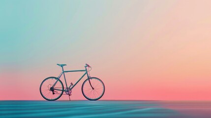 Fototapeta premium A single bicycle stands silhouetted against a colorful sunset, evoking feelings of freedom, adventure, and the simple joys of nature. The minimalist composition emphasizes the bike's sleek design and 