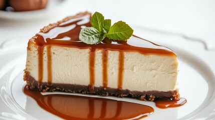 A single slice of cheesecake with a caramel topping and a sprig of mint on top. The cheesecake is sitting on a white plate and there is some caramel sauce drizzled on the plate. The cheesecake represe